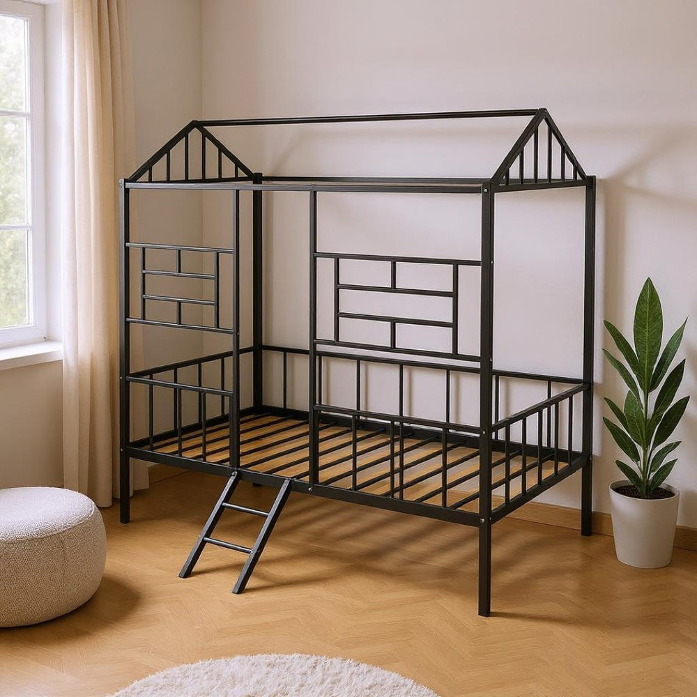 HomeRoots Black Canopy Metal Twin Loft Bed with Integrated Stairs - Space-Saving Design for Stylish Bedrooms 606544