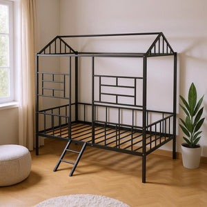 HomeRoots Black Canopy Metal Twin Loft Bed with Integrated Stairs - Space-Saving Design for Stylish Bedrooms 606544