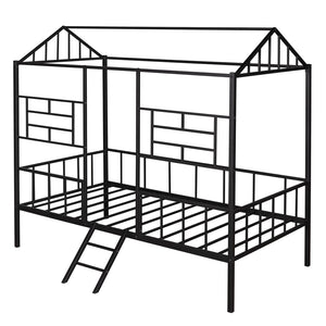 HomeRoots Black Canopy Metal Twin Loft Bed with Integrated Stairs - Space-Saving Design for Stylish Bedrooms 606544