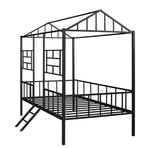 HomeRoots Black Canopy Metal Twin Loft Bed with Integrated Stairs - Space-Saving Design for Stylish Bedrooms 606544