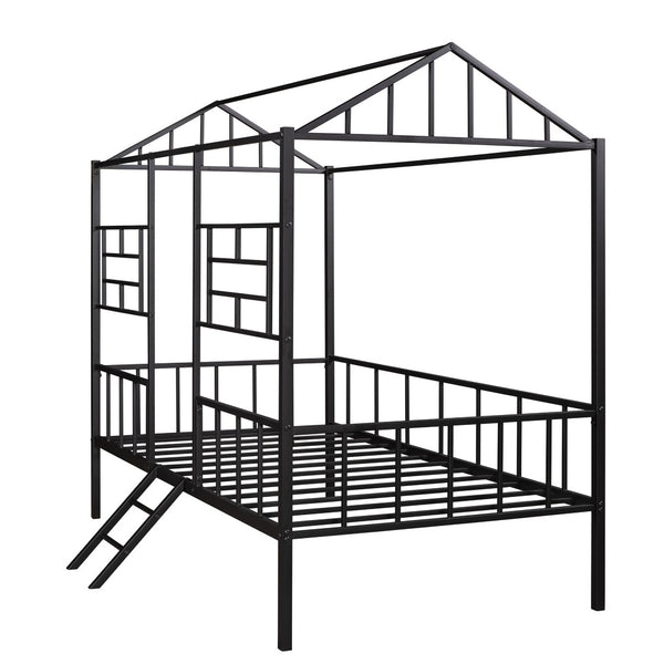 HomeRoots Black Canopy Metal Twin Loft Bed with Integrated Stairs - Space-Saving Design for Stylish Bedrooms 606544