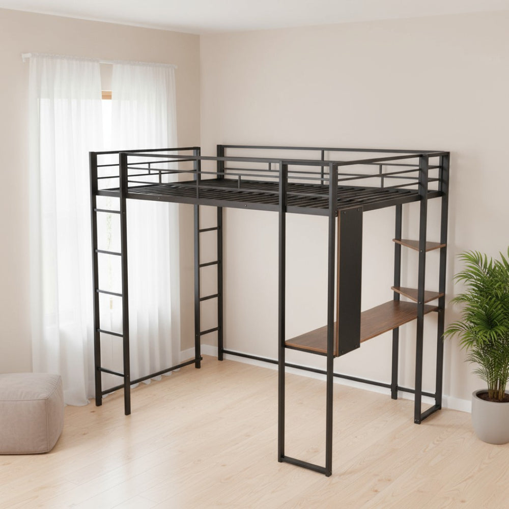 HomeRoots Black Slat Metal Full Double Loft Bed with Integrated Desk - Space-Saving, Stylish, Durable Design 606545