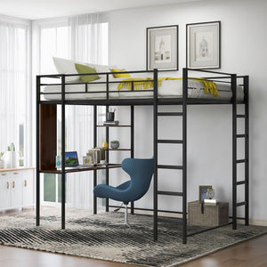 HomeRoots Black Slat Metal Full Double Loft Bed with Integrated Desk - Space-Saving, Stylish, Durable Design 606545