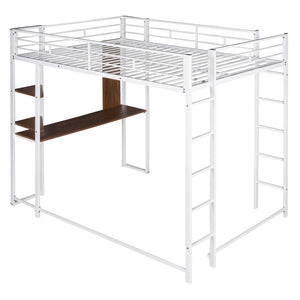 HomeRoots White Metal Loft Bed with Desk Space-Saving Design, Full/Double Size, Durable Support, Stylish Finish 606546