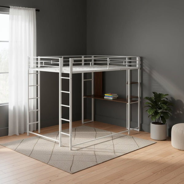 HomeRoots White Metal Loft Bed with Desk Space-Saving Design, Full/Double Size, Durable Support, Stylish Finish 606546