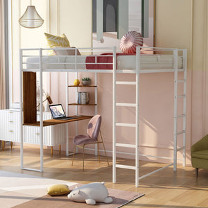 HomeRoots White Metal Loft Bed with Desk Space-Saving Design, Full/Double Size, Durable Support, Stylish Finish 606546