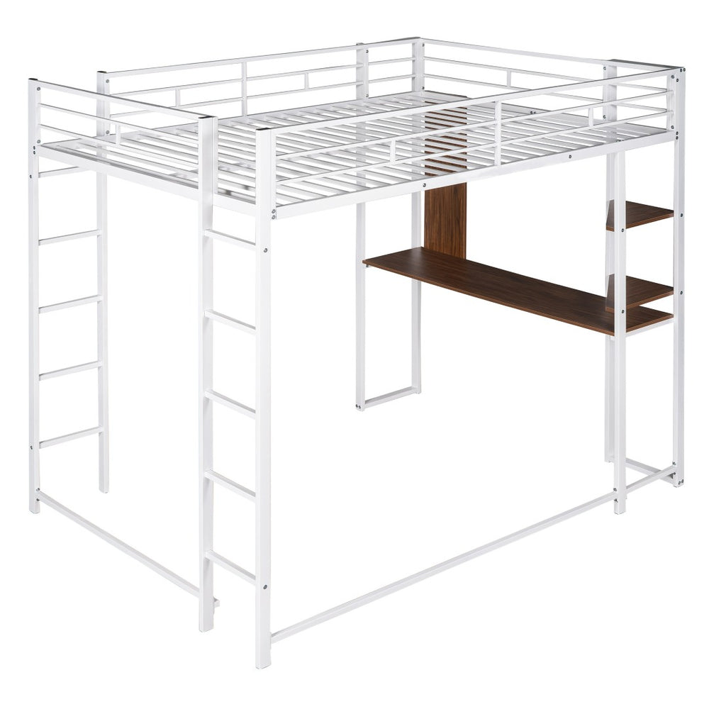 HomeRoots White Metal Loft Bed with Desk Space-Saving Design, Full/Double Size, Durable Support, Stylish Finish 606546