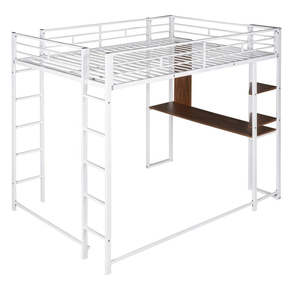 HomeRoots White Metal Loft Bed with Desk Space-Saving Design, Full/Double Size, Durable Support, Stylish Finish 606546