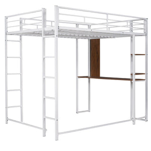 HomeRoots White Metal Loft Bed with Desk Space-Saving Design, Full/Double Size, Durable Support, Stylish Finish 606546