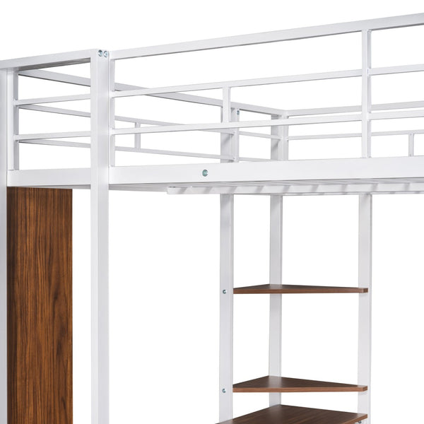HomeRoots White Metal Loft Bed with Desk Space-Saving Design, Full/Double Size, Durable Support, Stylish Finish 606546