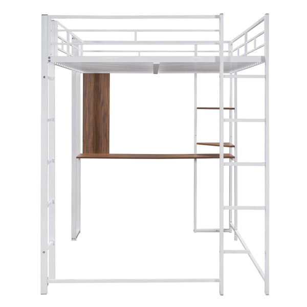 HomeRoots White Metal Loft Bed with Desk Space-Saving Design, Full/Double Size, Durable Support, Stylish Finish 606546