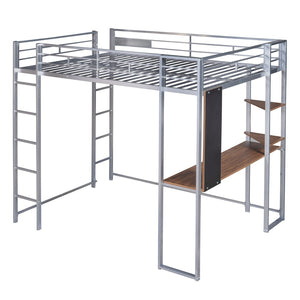 HomeRoots Silver Slat Metal Loft Bed with Desk - Space-Saving Full Double Design for Stylish, Multifunctional Rooms 606547