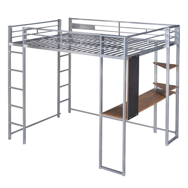 HomeRoots Silver Slat Metal Loft Bed with Desk - Space-Saving Full Double Design for Stylish, Multifunctional Rooms 606547
