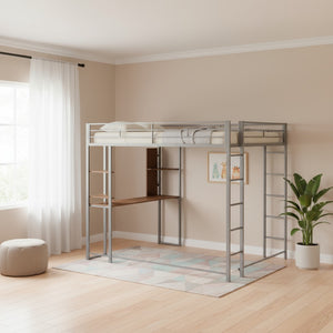HomeRoots Silver Slat Metal Loft Bed with Desk - Space-Saving Full Double Design for Stylish, Multifunctional Rooms 606547