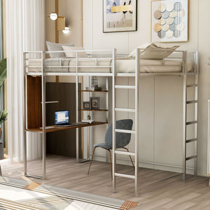 HomeRoots Silver Slat Metal Loft Bed with Desk - Space-Saving Full Double Design for Stylish, Multifunctional Rooms 606547