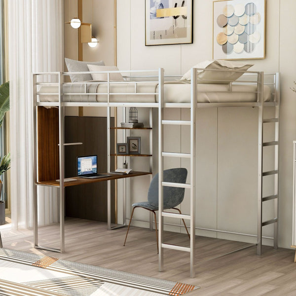 HomeRoots Silver Slat Metal Loft Bed with Desk - Space-Saving Full Double Design for Stylish, Multifunctional Rooms 606547