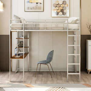 HomeRoots Silver Slat Metal Loft Bed with Desk - Space-Saving Full Double Design for Stylish, Multifunctional Rooms 606547