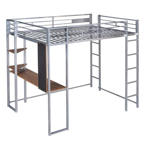 HomeRoots Silver Slat Metal Loft Bed with Desk - Space-Saving Full Double Design for Stylish, Multifunctional Rooms 606547