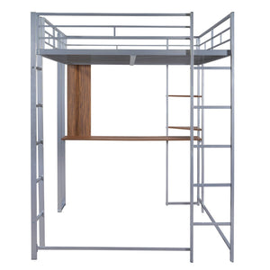 HomeRoots Silver Slat Metal Loft Bed with Desk - Space-Saving Full Double Design for Stylish, Multifunctional Rooms 606547