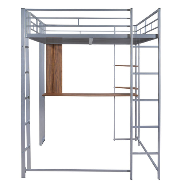 HomeRoots Silver Slat Metal Loft Bed with Desk - Space-Saving Full Double Design for Stylish, Multifunctional Rooms 606547