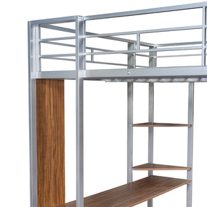 HomeRoots Silver Slat Metal Loft Bed with Desk - Space-Saving Full Double Design for Stylish, Multifunctional Rooms 606547