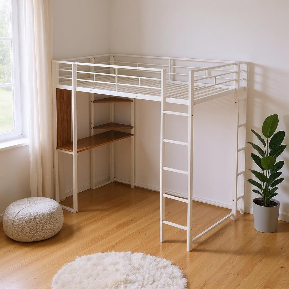HomeRoots White Slat Metal Twin Loft Bed with Integrated Desk – Stylish Space-Saving Design for Sleep & Study 606549