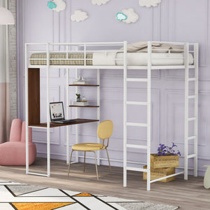 HomeRoots White Slat Metal Twin Loft Bed with Integrated Desk – Stylish Space-Saving Design for Sleep & Study 606549
