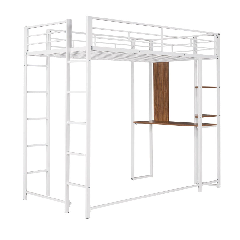 HomeRoots White Slat Metal Twin Loft Bed with Integrated Desk – Stylish Space-Saving Design for Sleep & Study 606549