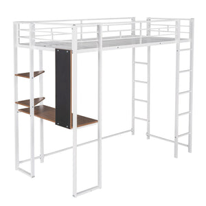 HomeRoots White Slat Metal Twin Loft Bed with Integrated Desk – Stylish Space-Saving Design for Sleep & Study 606549