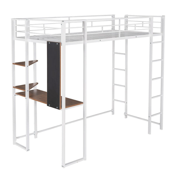 HomeRoots White Slat Metal Twin Loft Bed with Integrated Desk – Stylish Space-Saving Design for Sleep & Study 606549