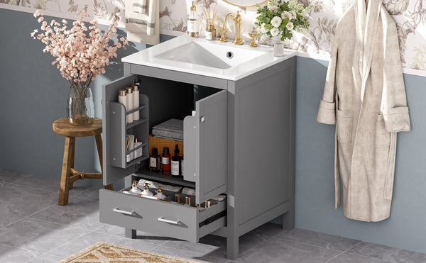 English Elm 24-inch Modern Bathroom Vanity with Ceramic Sink, Soft-Close Doors, Drawer Divider & Ample Storage Gray N729P299440E