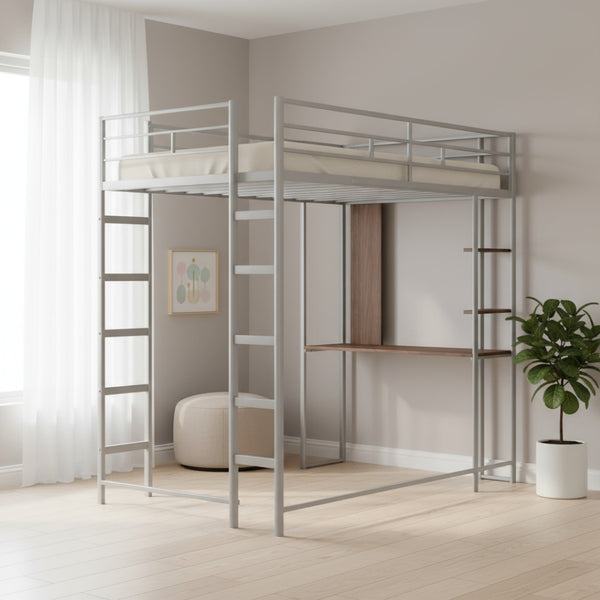 HomeRoots Silver Metal Twin Loft Bed with Desk, Shelves & Under-Bed Storage – Space-Saving Solution for All! 606550