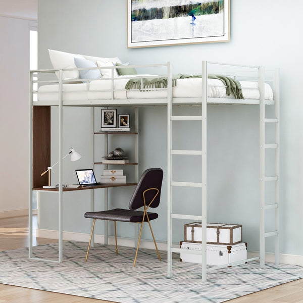HomeRoots Silver Metal Twin Loft Bed with Desk, Shelves & Under-Bed Storage – Space-Saving Solution for All! 606550