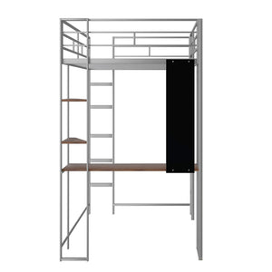 HomeRoots Silver Metal Twin Loft Bed with Desk, Shelves & Under-Bed Storage – Space-Saving Solution for All! 606550