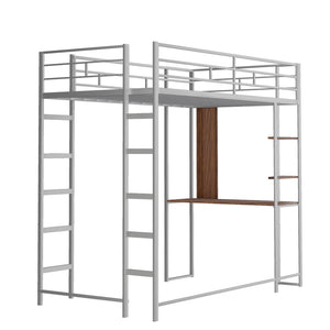 HomeRoots Silver Metal Twin Loft Bed with Desk, Shelves & Under-Bed Storage – Space-Saving Solution for All! 606550