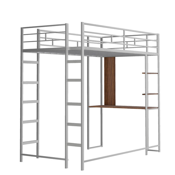 HomeRoots Silver Metal Twin Loft Bed with Desk, Shelves & Under-Bed Storage – Space-Saving Solution for All! 606550