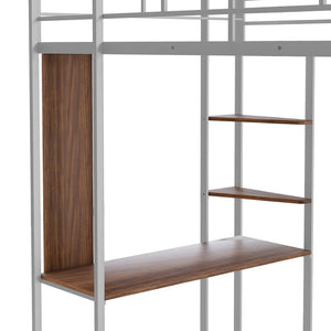 HomeRoots Silver Metal Twin Loft Bed with Desk, Shelves & Under-Bed Storage – Space-Saving Solution for All! 606550