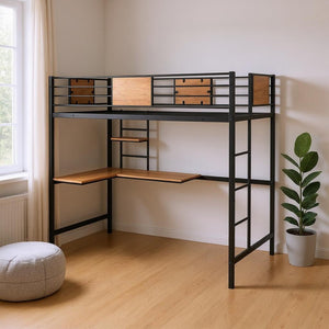 HomeRoots Black Slat Metal Twin Loft Bed with Built-In Desk - Space-Saving Design for Modern Bedrooms 606551