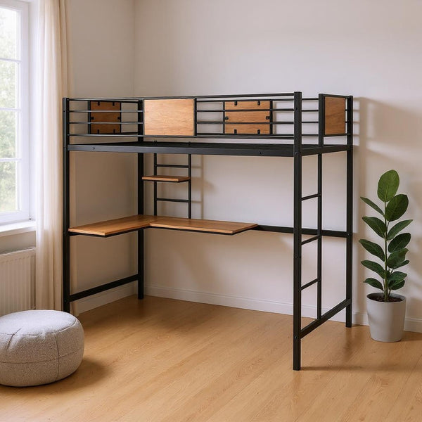 HomeRoots Black Slat Metal Twin Loft Bed with Built-In Desk - Space-Saving Design for Modern Bedrooms 606551