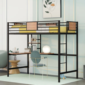 HomeRoots Black Slat Metal Twin Loft Bed with Built-In Desk - Space-Saving Design for Modern Bedrooms 606551