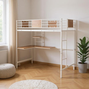 HomeRoots White Slat Metal Twin Loft Bed with Desk - Space-Saving Design for Kids’ Room & Productive Workspace 606552