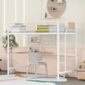 HomeRoots White Slat Metal Twin Loft Bed with Desk - Space-Saving Design for Kids’ Room & Productive Workspace 606552