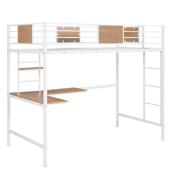 HomeRoots White Slat Metal Twin Loft Bed with Desk - Space-Saving Design for Kids’ Room & Productive Workspace 606552