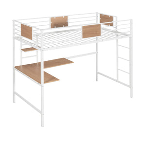 HomeRoots White Slat Metal Twin Loft Bed with Desk - Space-Saving Design for Kids’ Room & Productive Workspace 606552