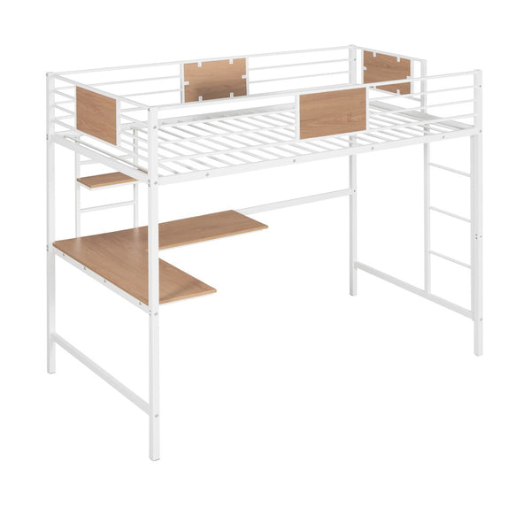 HomeRoots White Slat Metal Twin Loft Bed with Desk - Space-Saving Design for Kids’ Room & Productive Workspace 606552
