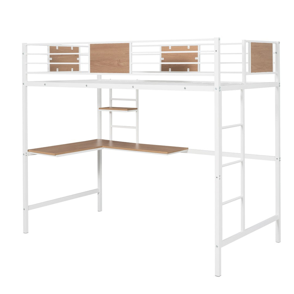 HomeRoots White Slat Metal Twin Loft Bed with Desk - Space-Saving Design for Kids’ Room & Productive Workspace 606552