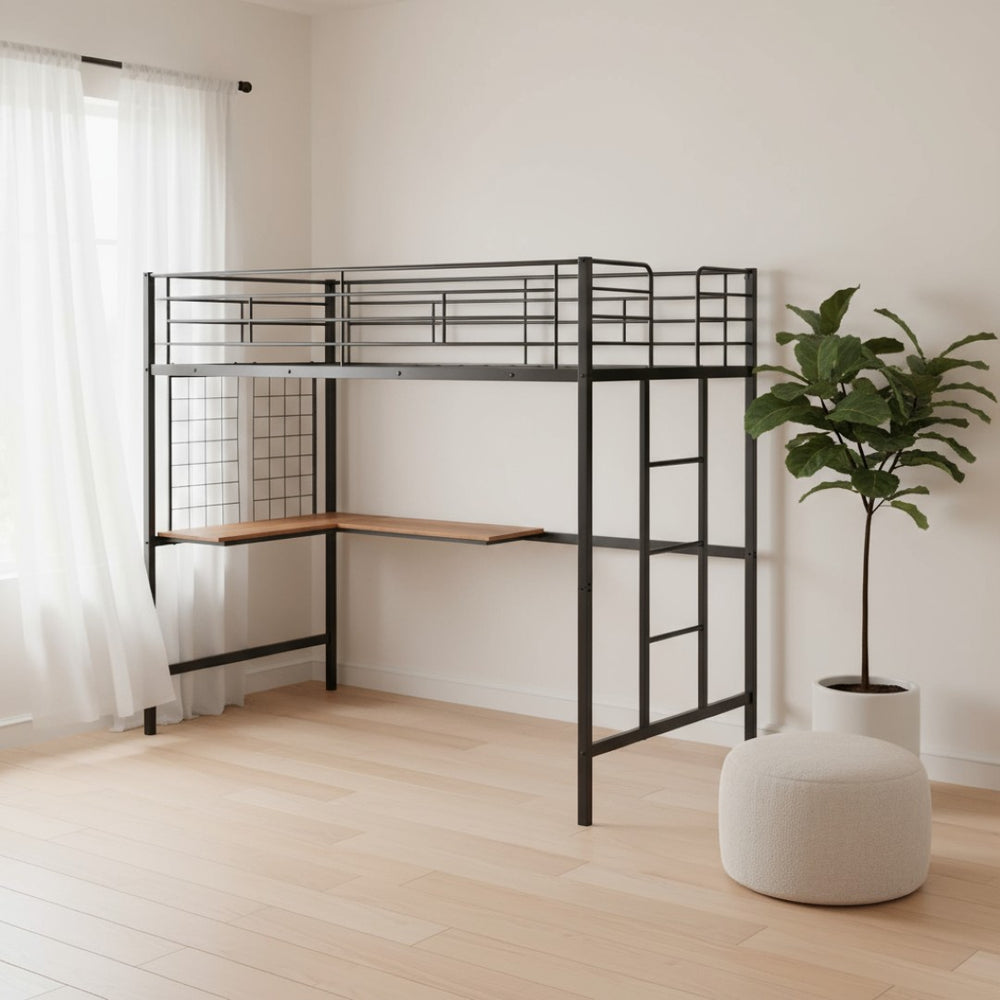 HomeRoots Black Twin Loft Bed with Integrated Desk - Stylish Metal Frame for Space-Saving & Modern Living 606553