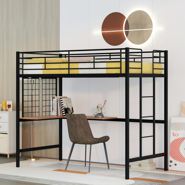 HomeRoots Black Twin Loft Bed with Integrated Desk - Stylish Metal Frame for Space-Saving & Modern Living 606553