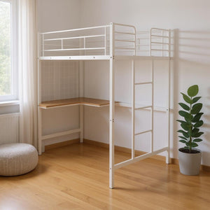 HomeRoots White Slat Metal Twin Loft Bed with Integrated Desk - Space-Saving Design for Small Bedrooms & Studios 606554