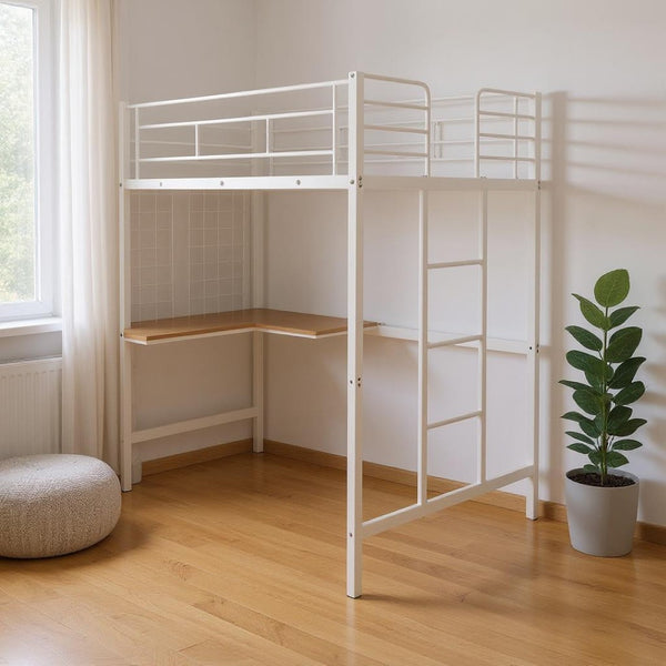 HomeRoots White Slat Metal Twin Loft Bed with Integrated Desk - Space-Saving Design for Small Bedrooms & Studios 606554